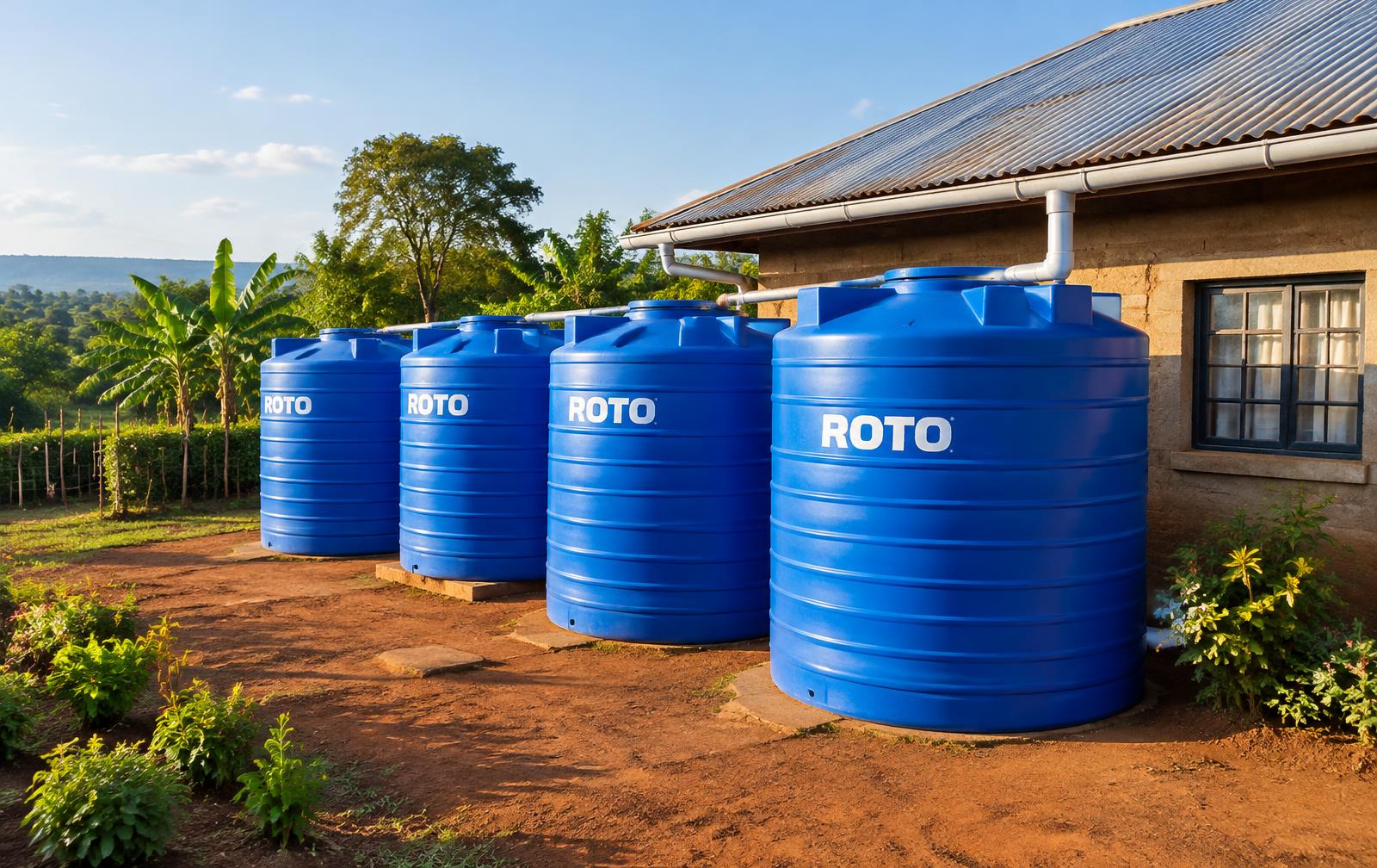 Roto water tanks beside a home